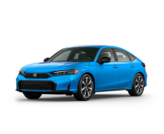 2026 Honda Civic Hatchback FWD Touring Hybrid in Boost Blue Pearl — front three-quarter view